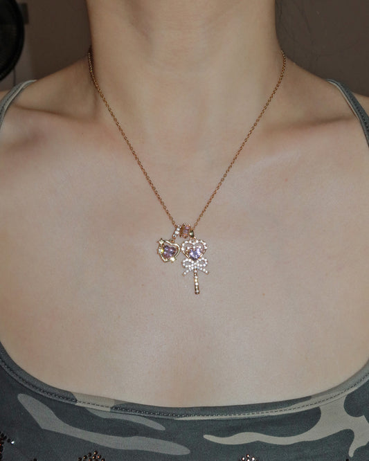 Aimee Heart Crystal Bow Golden Pendant Necklace