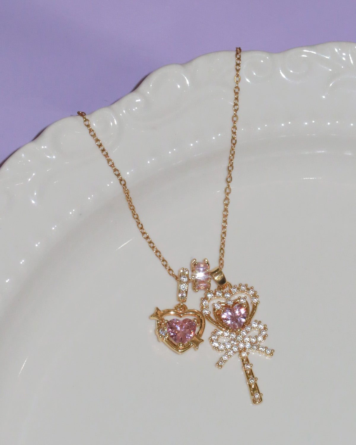 Aimee Heart Crystal Bow Golden Pendant Necklace