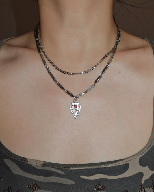 Nyra Red Tribal Arrowhead Layered Silver Pendant Necklace