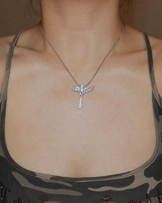 Virelle Angel Wing Pink Heart Cross Silver Necklace