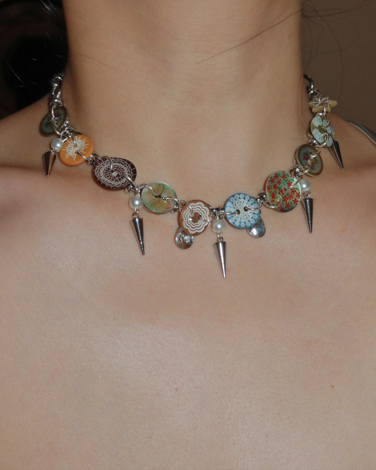 Roxelle Vintage Button & Spike Statement Silver Choker Necklace