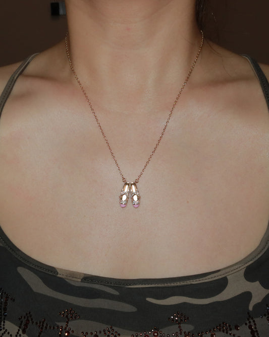 Pointe Pink Enamel Ballet Slippers Golden Pendant Necklace