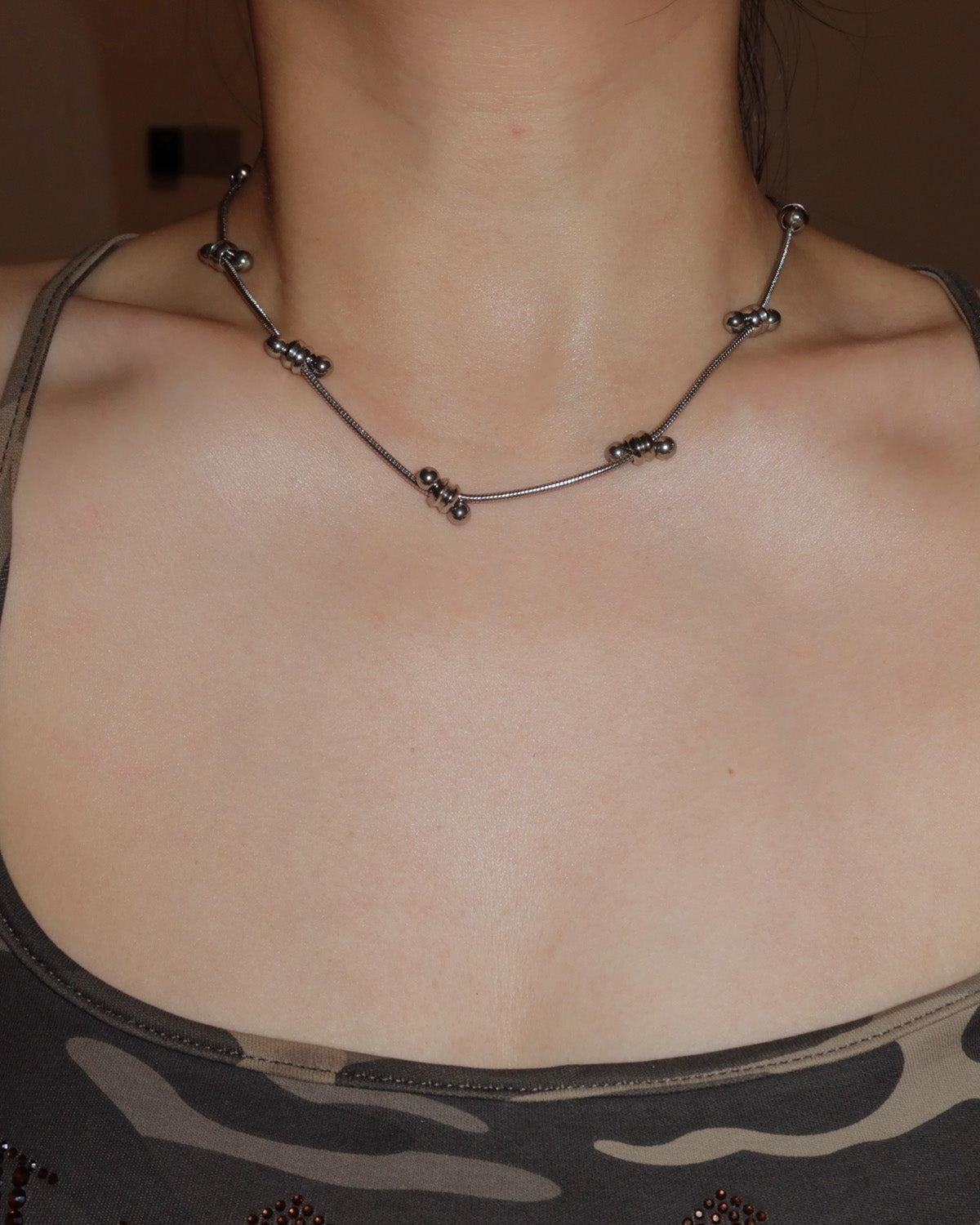 Serein Silver Beaded Ring Snake Chain Necklace