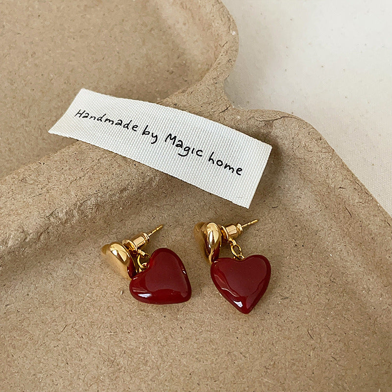 Grace Red Heart Golden Stud Earrings