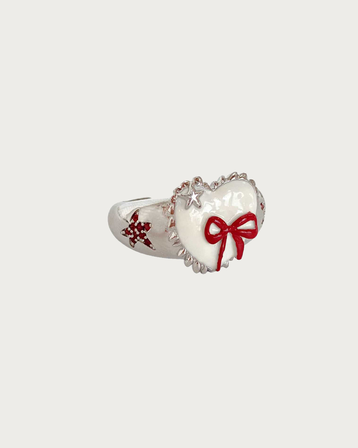 Sweet Heart Star Red Bow Silver Ring