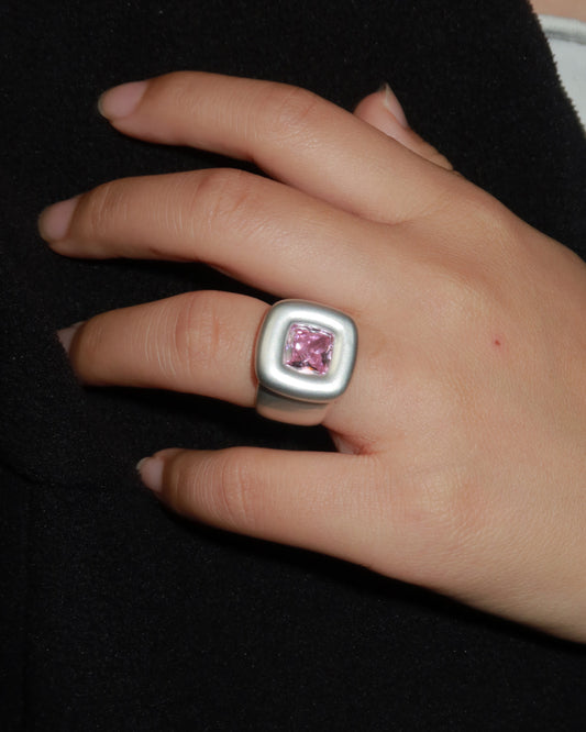 Pixel Matte Silver Square Pink Gemstone Ring