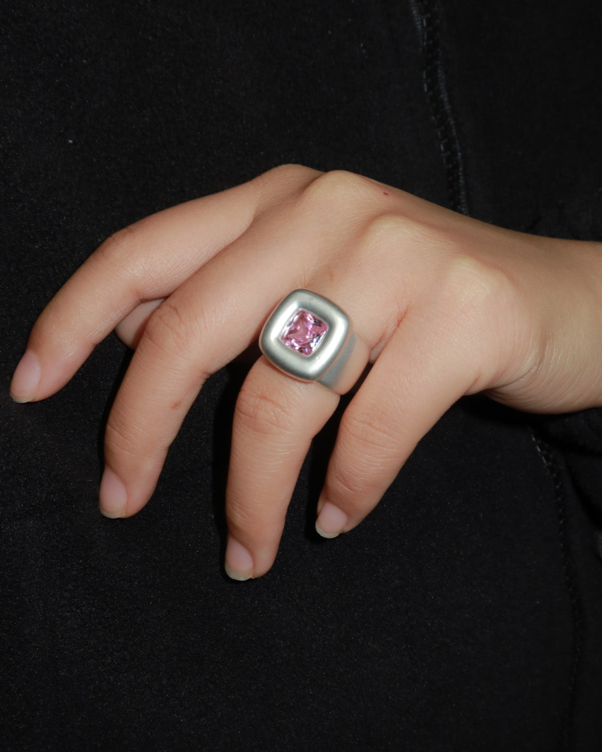 Pixel Matte Silver Square Pink Gemstone Ring