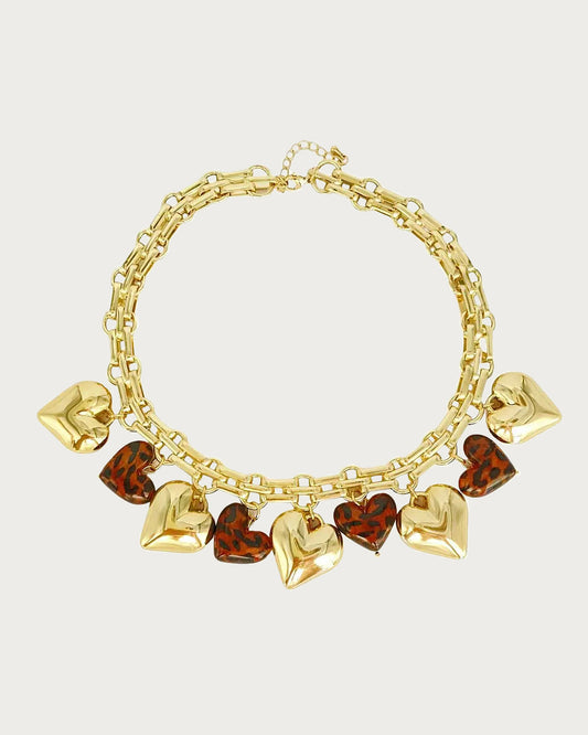 Myrna Bold Leopard Hearts Golden Charm Necklace