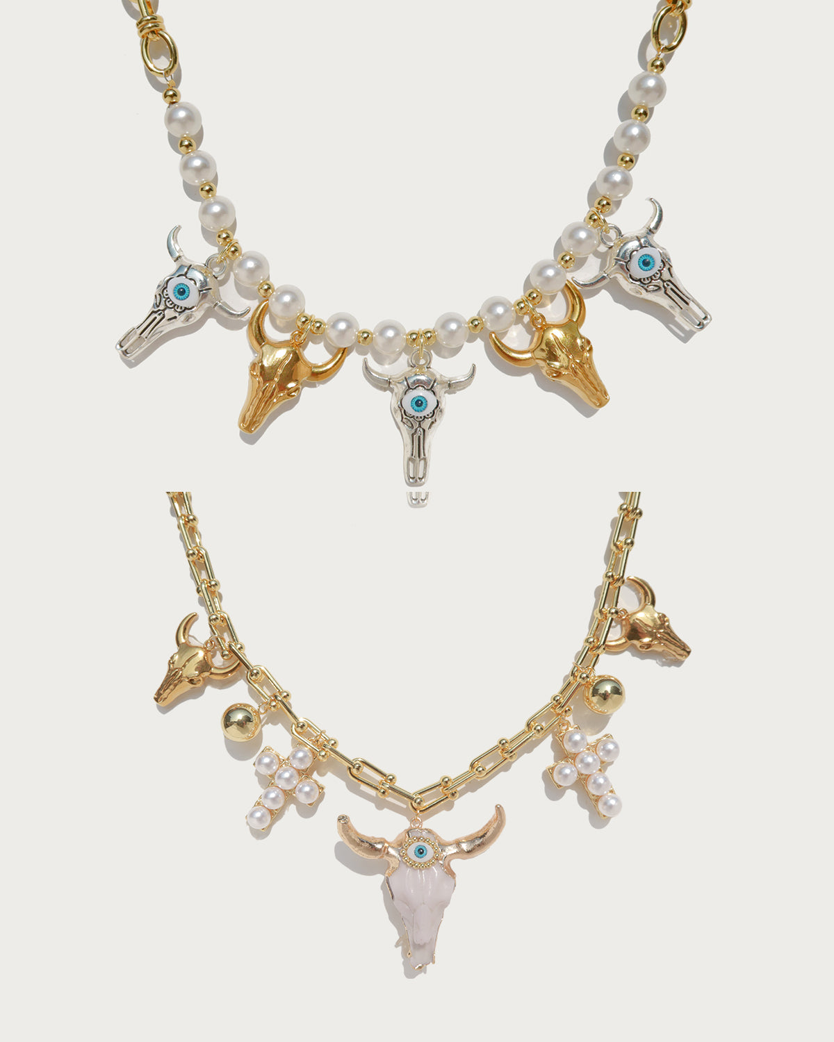 Charlotte Bull Head Pearl Golden Necklace Set
