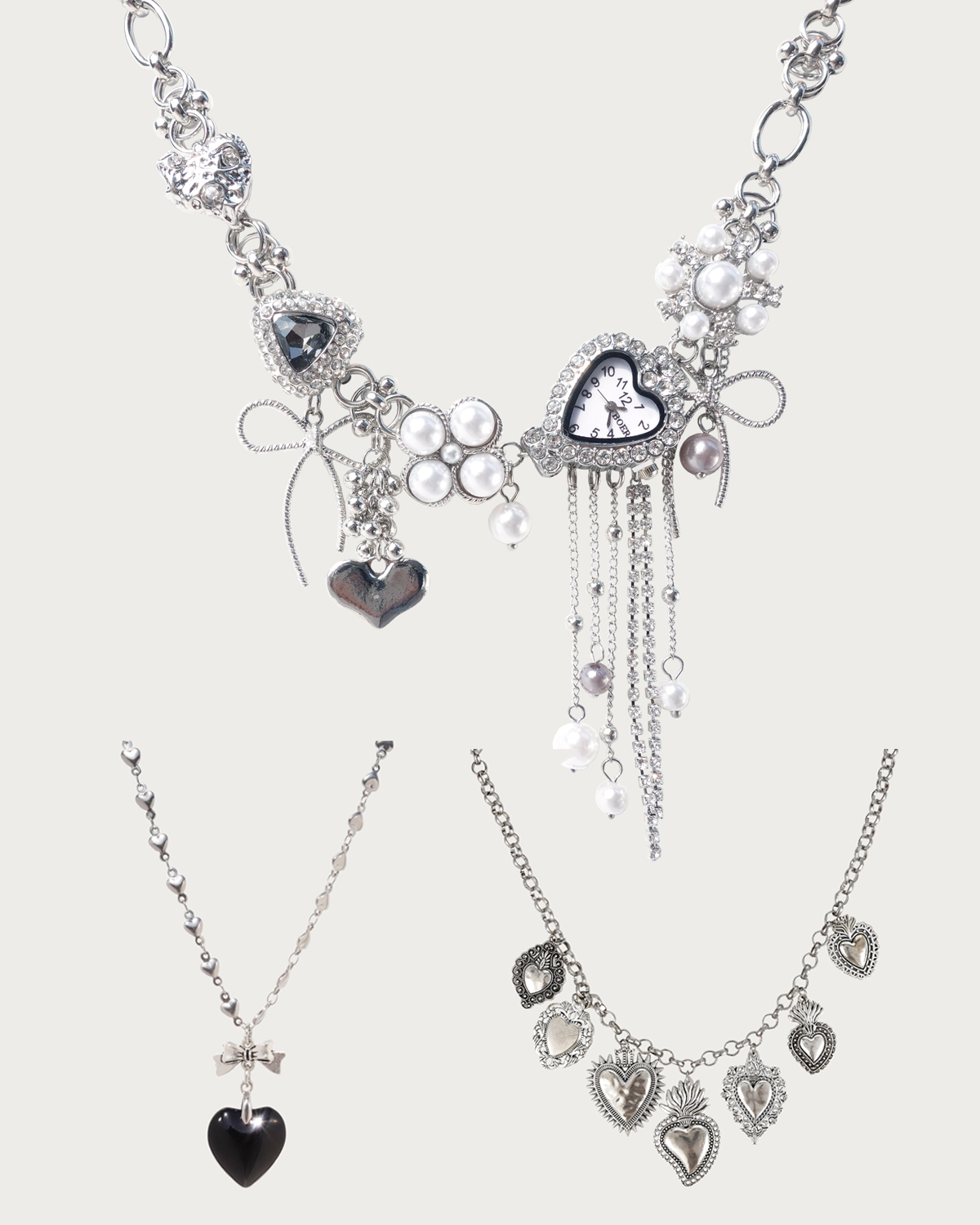 Jodie & Frederica & Ingrid Romantic Heart Silver Necklace Set