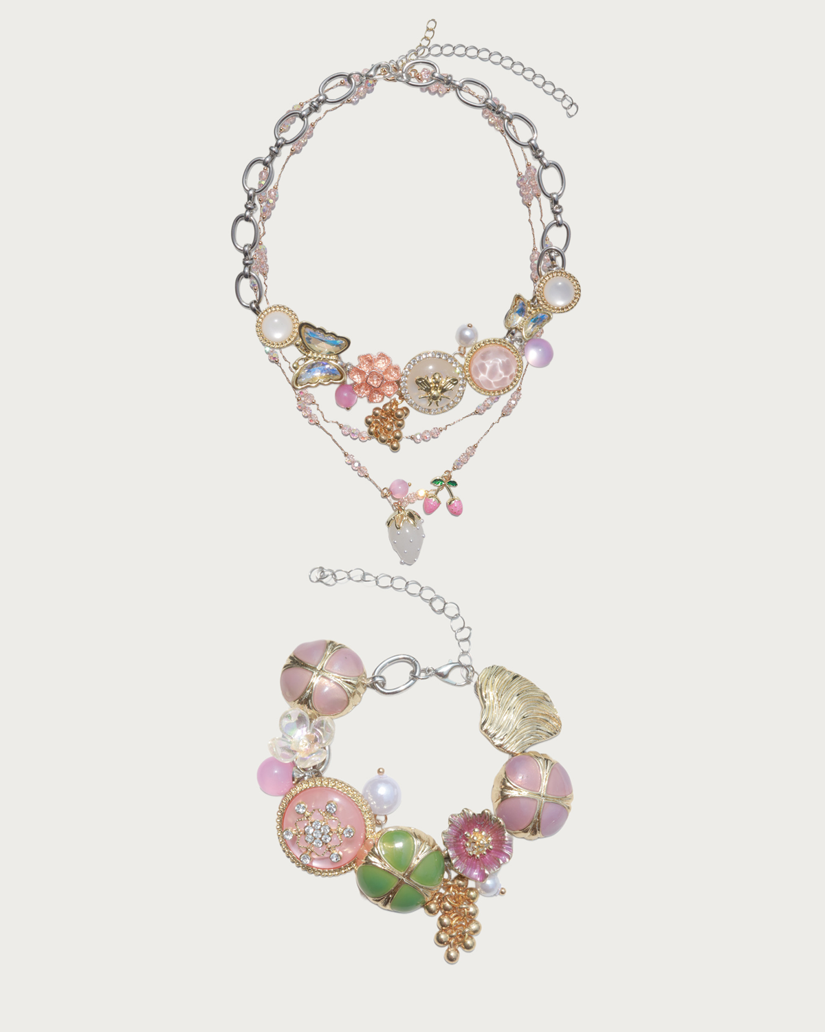 Laurel & Rosalie Whimsical Strawberry Butterfly & Clover Silver Jewelry Set