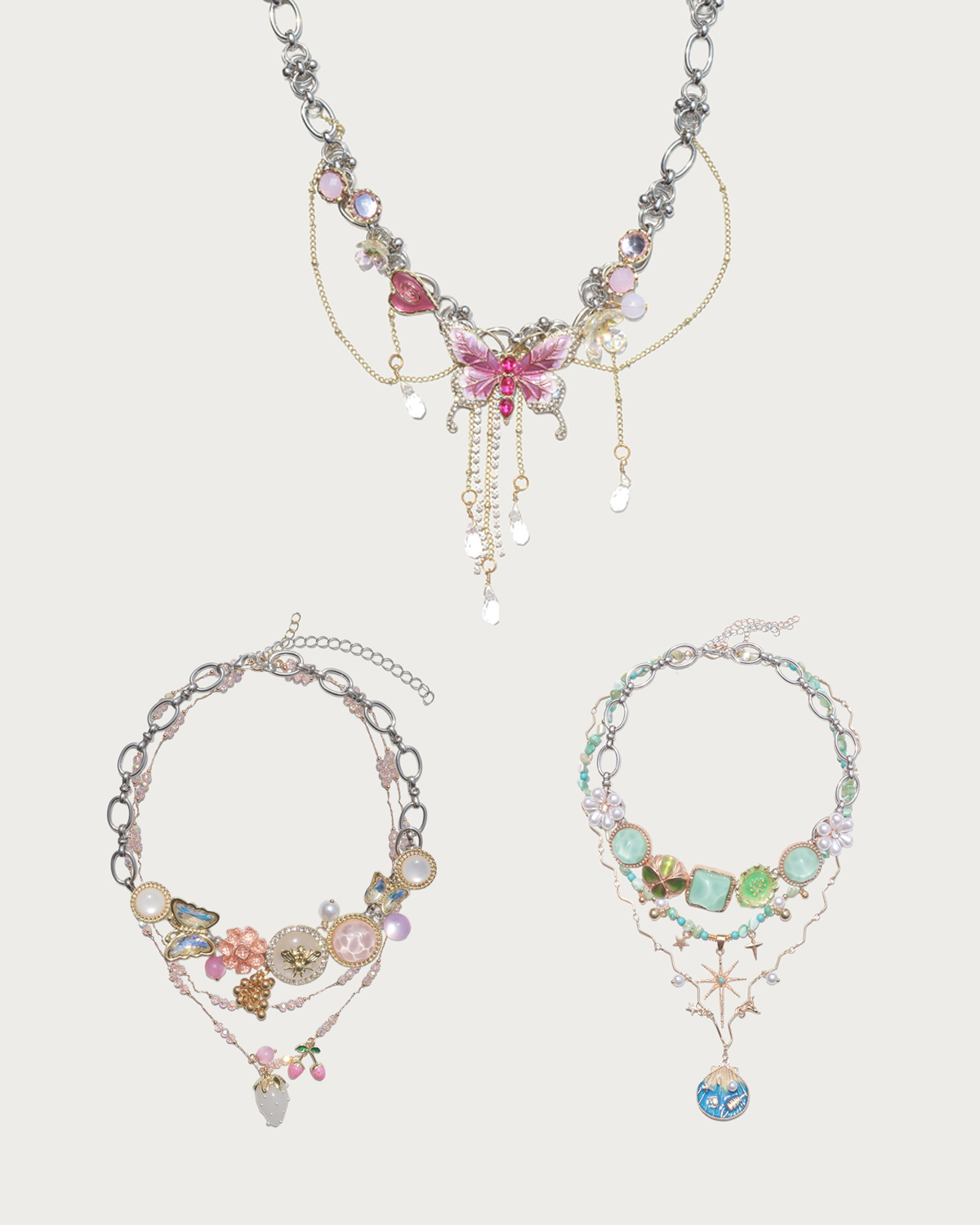 Laurel & Maelis & Maristella Berry Butterfly & Layered Bead Silver Necklace Set