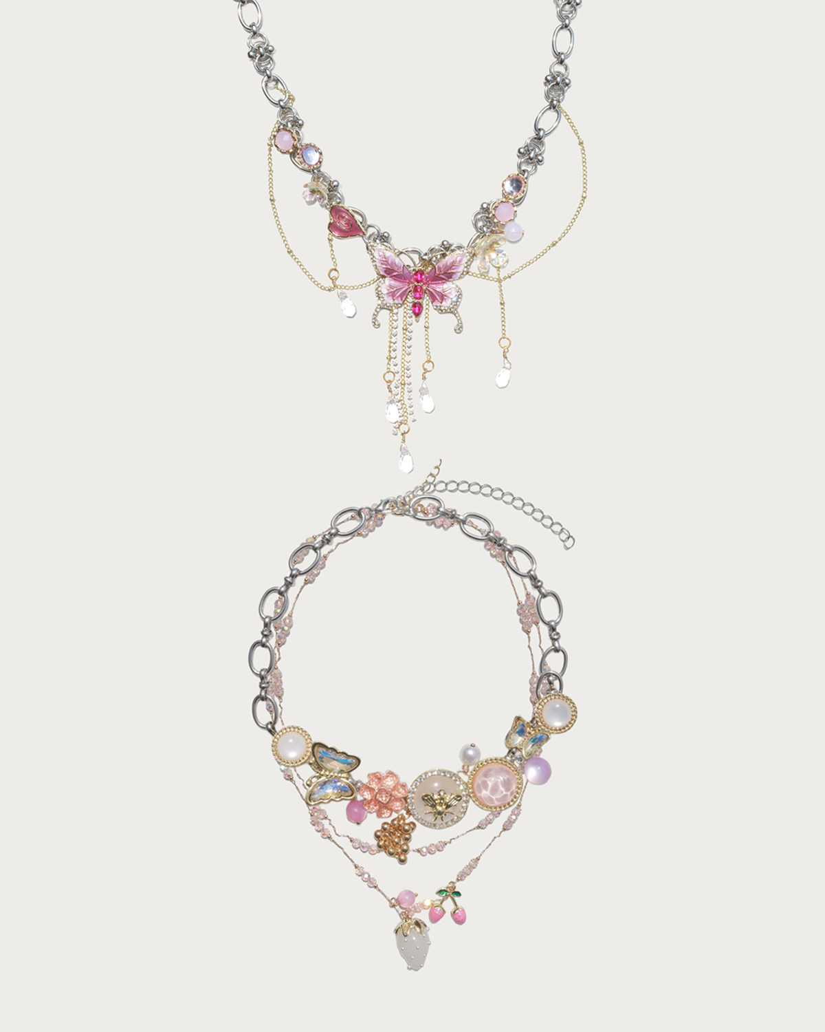 Laurel & Maelis Pink Crystal Tassel & Layered Butterfly Silver Necklace Set