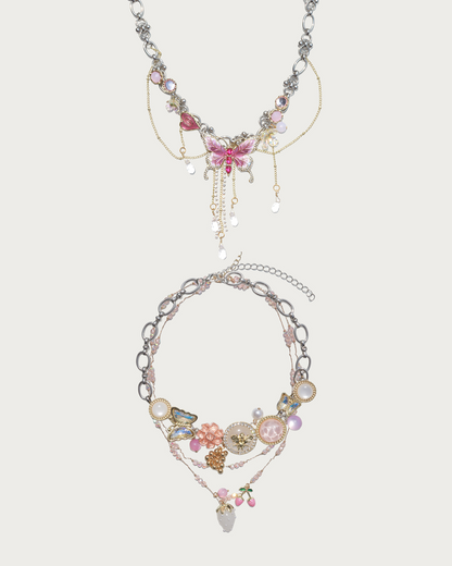 Laurel & Maelis Pink Crystal Tassel & Layered Butterfly Silver Necklace Set