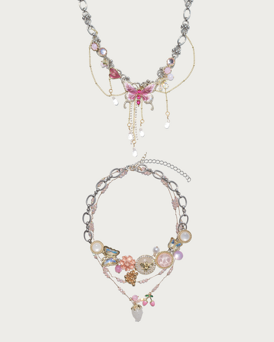 Laurel & Maelis Pink Crystal Tassel & Layered Butterfly Silver Necklace Set