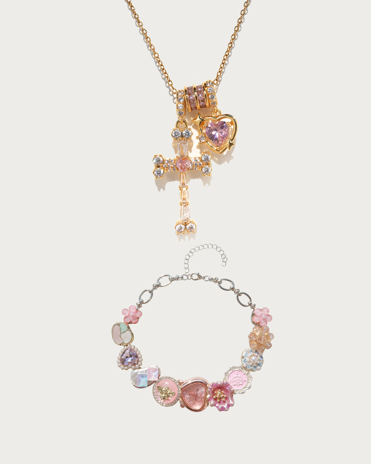 Doreen & Brook Pink Heart Golden Necklace Set