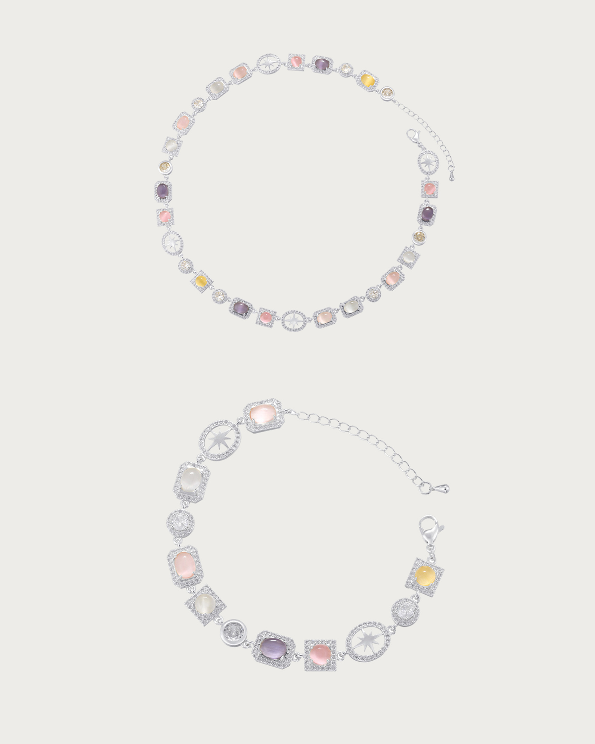 Shirley Colorful Crystal Geometric Silver Necklace & Bracelet