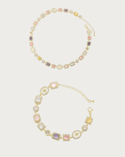 Shirley Colorful Crystal Geometric Silver Necklace & Bracelet