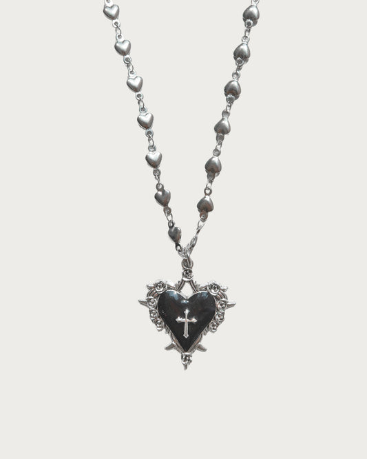 Cathy Vintage Cross Charm Black Heart Silver Pendant Necklace