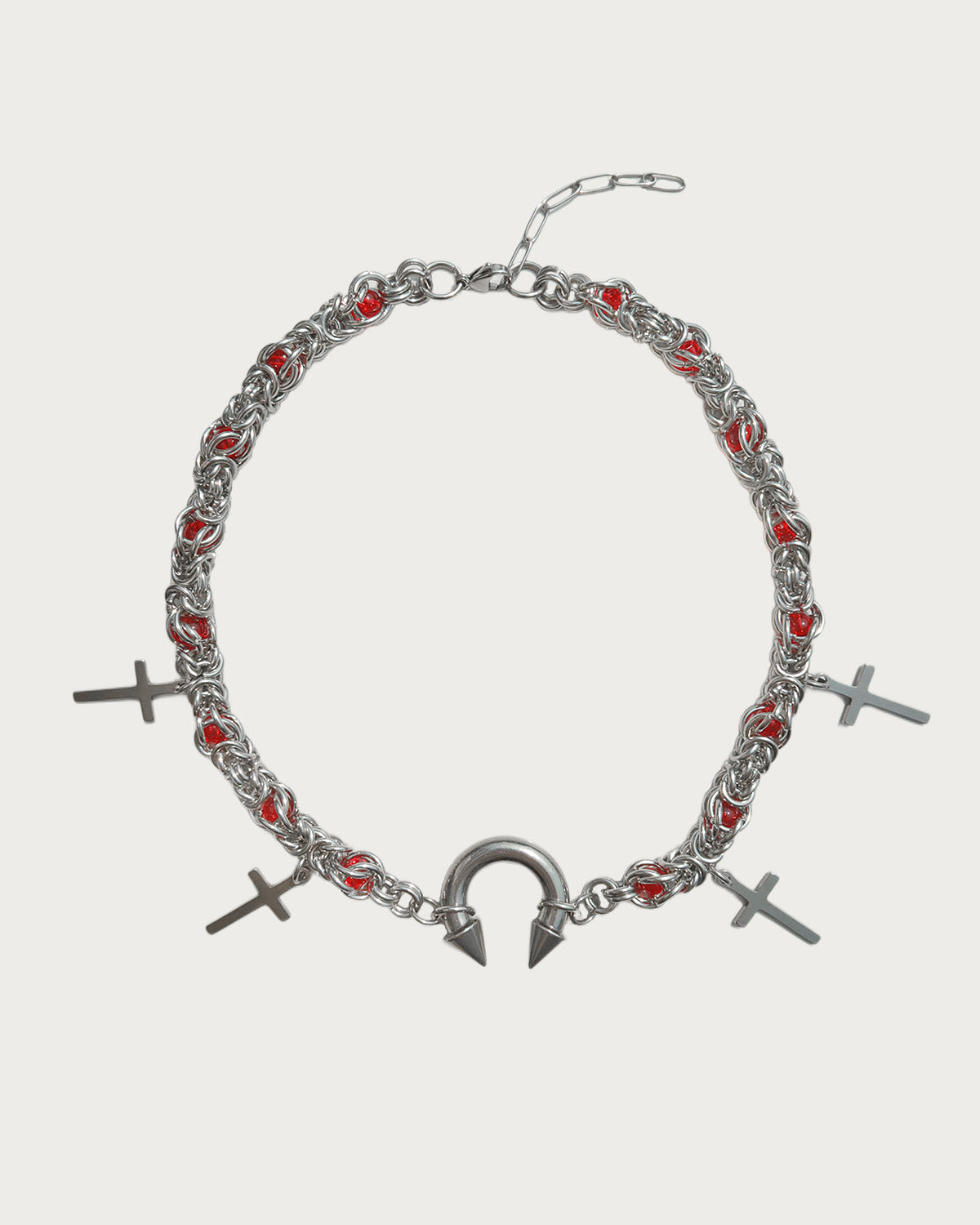 Nicola Vintage Red Bead Horseshoe Cross Silver Necklace