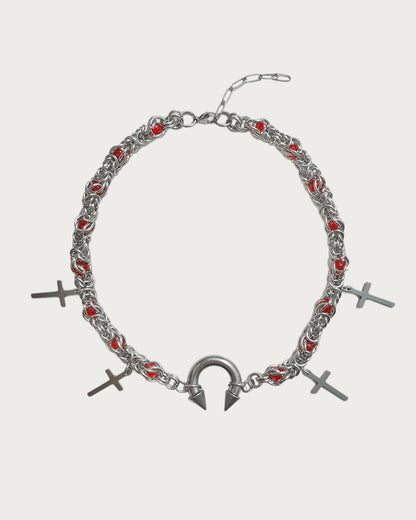 Nicola Vintage Red Bead Horseshoe Cross Silver Necklace