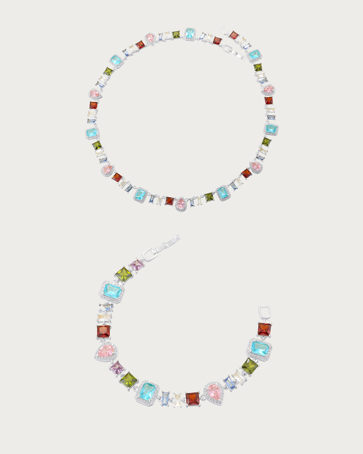Prism Colorful Crystal Silver Bracelet & Necklace