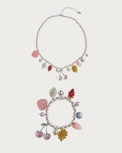 Berry Kisses Cherry Strawberry Pearl Silver Jewelry Set