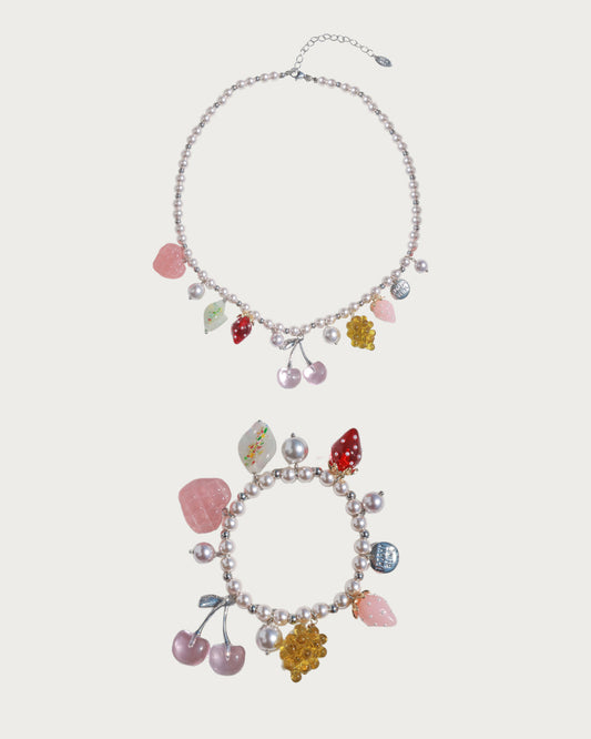 Berry Kisses Cherry Strawberry Pearl Silver Jewelry Set