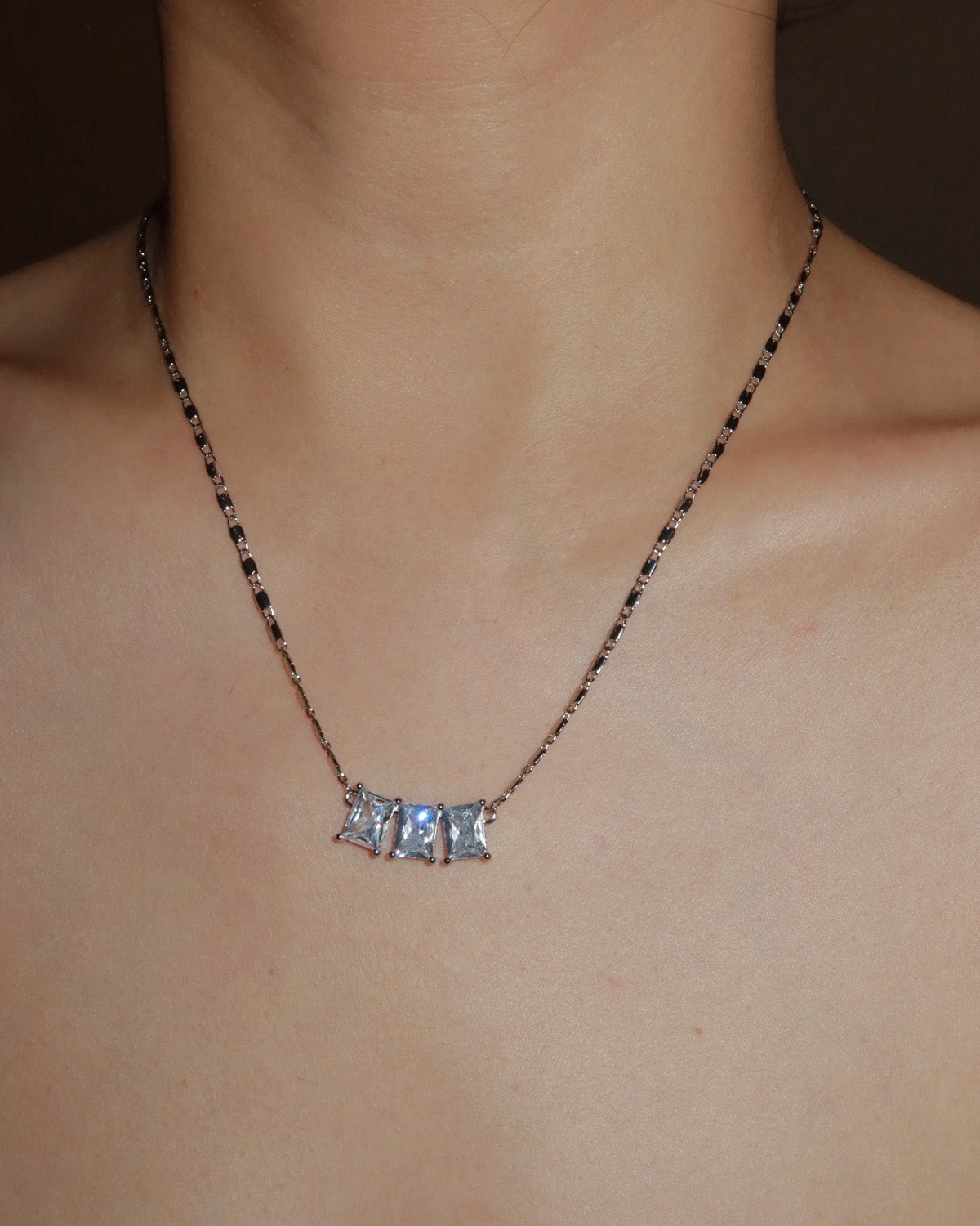 Lumiere Triple Zirconia Silver Chain Necklace