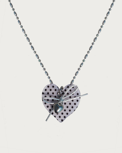 Quanna White Polka Dot Heart Bow Pendant Necklace