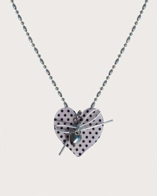 Quanna White Polka Dot Heart Bow Pendant Necklace