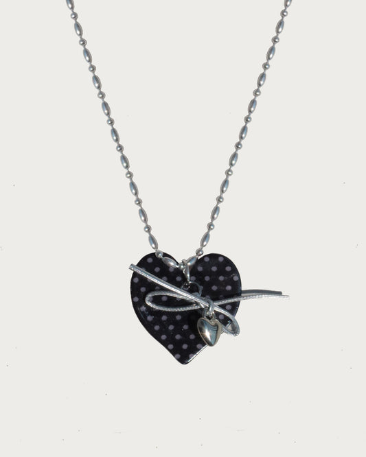 Quanna Black Polka Dot Heart Bow Pendant Necklace