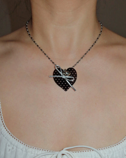 Quanna Black Polka Dot Heart Bow Pendant Necklace