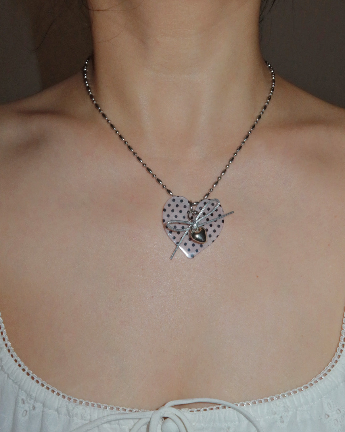 Quanna White Polka Dot Heart Bow Pendant Necklace