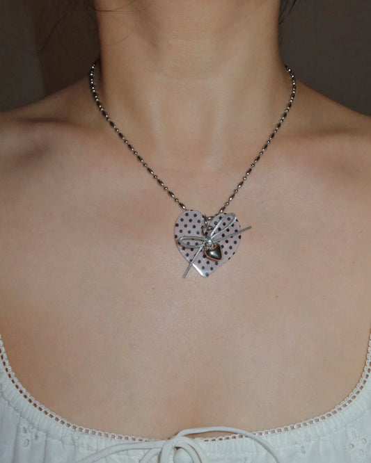 Quanna White Polka Dot Heart Bow Pendant Necklace