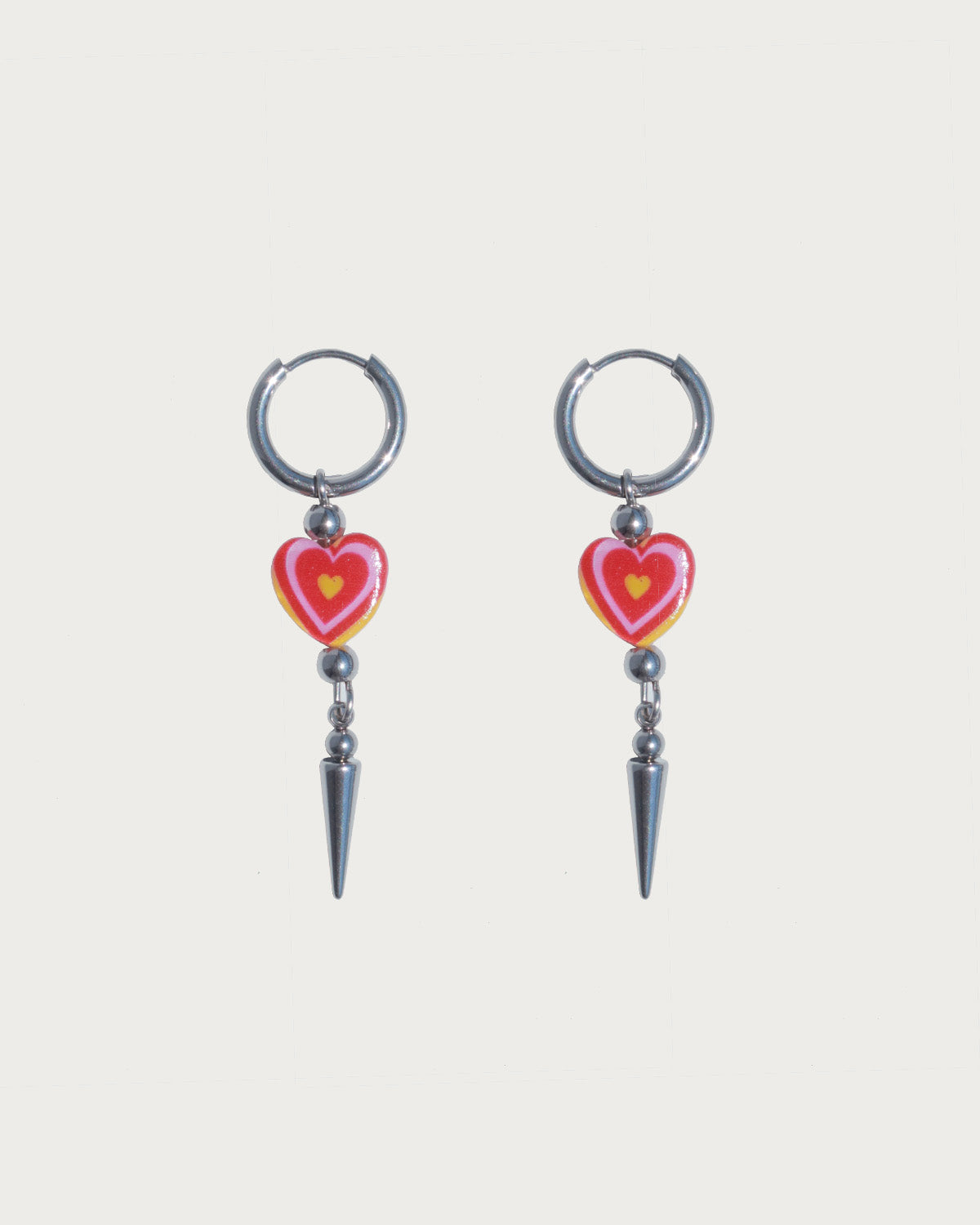Teresa Red Heart Spike Silver Drop Hoop Earrings