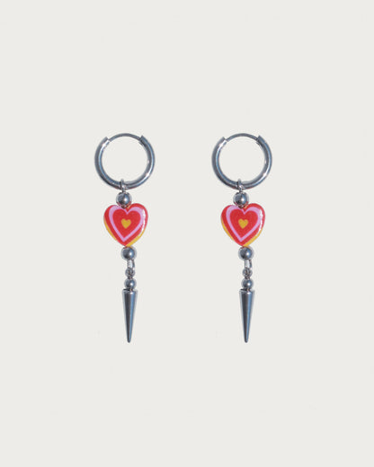 Teresa Red Heart Spike Silver Drop Hoop Earrings