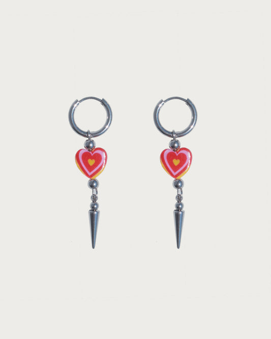 Teresa Red Heart Spike Silver Drop Hoop Earrings