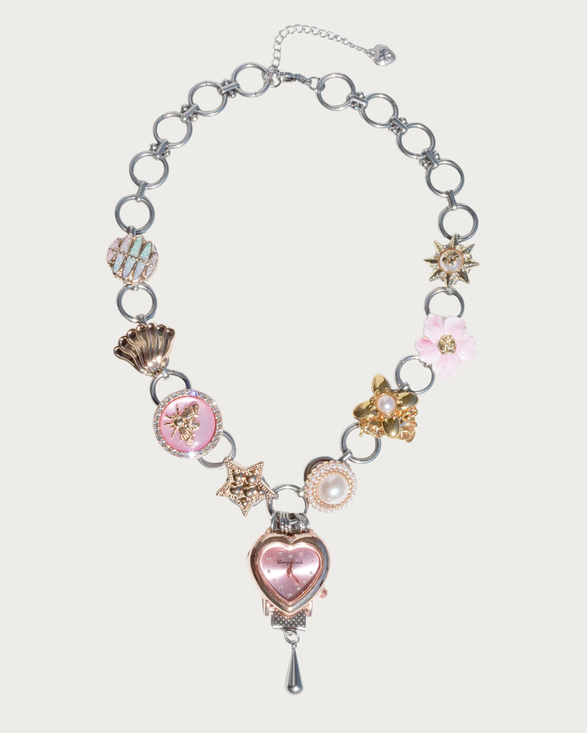 Willow Whimsical Button & Floral Heart Clock Face Silver Necklace