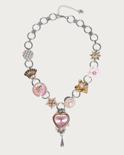 Willow Whimsical Button & Floral Heart Clock Face Silver Necklace