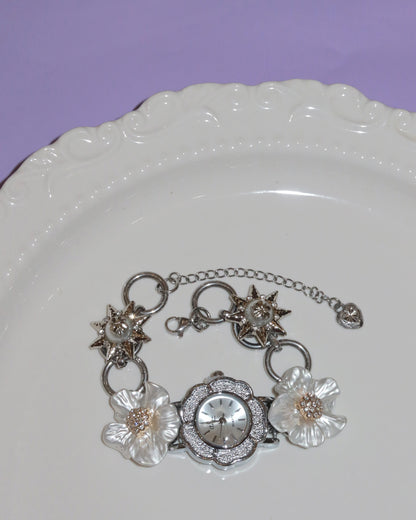 Celeste Bloom Vintage Flower Star Silver Watch Bracelet
