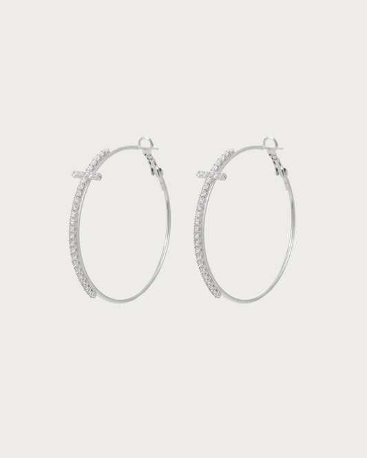 Angelina Divine Spark Cross Silver Hoop Earrings