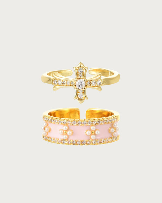 Elodie Cross Pearl Crystal Golden Ring Set In Pink