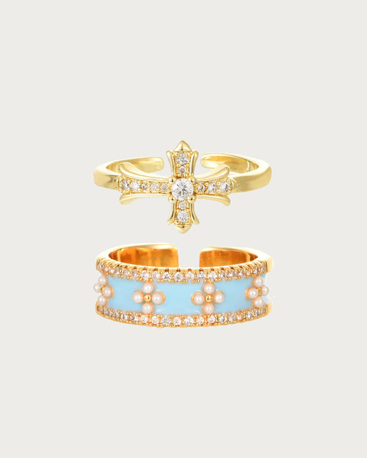 Elodie Cross Pearl Crystal Golden Ring Set In Blue