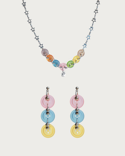 Olive Colorful Button Silver Drop Earrings & Necklace