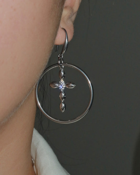 Lyra Geometric Cross Silver Hoop Earrings