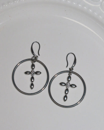 Lyra Geometric Cross Silver Hoop Earrings
