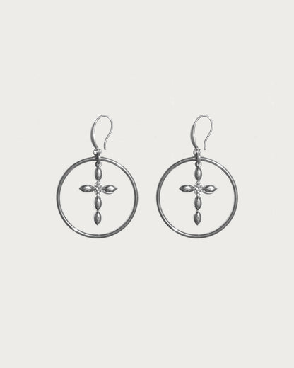 Lyra Geometric Cross Silver Hoop Earrings