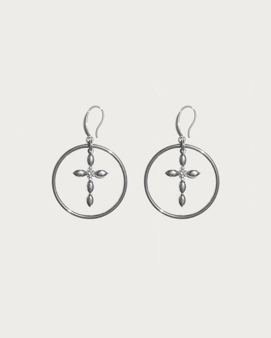 Lyra Geometric Cross Silver Hoop Earrings