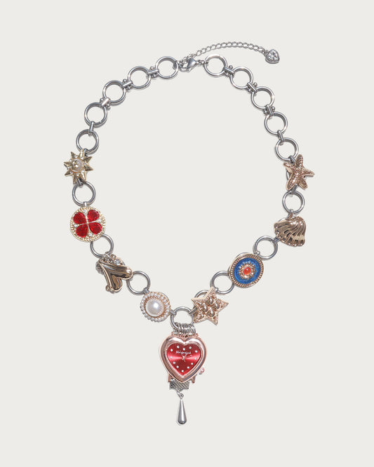 Willow Whimsical Button & Floral Red Heart Clock Face Silver Necklace